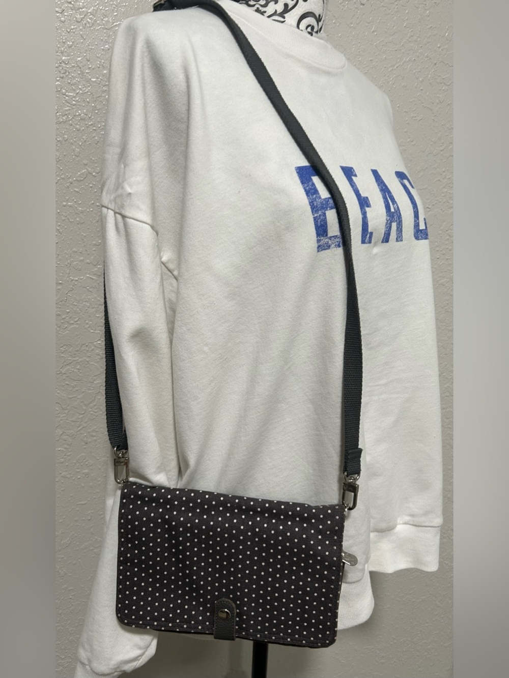 Thirty One Double Up Crossbody Purse Dark Gray White Polka Dot Turquoise Lining